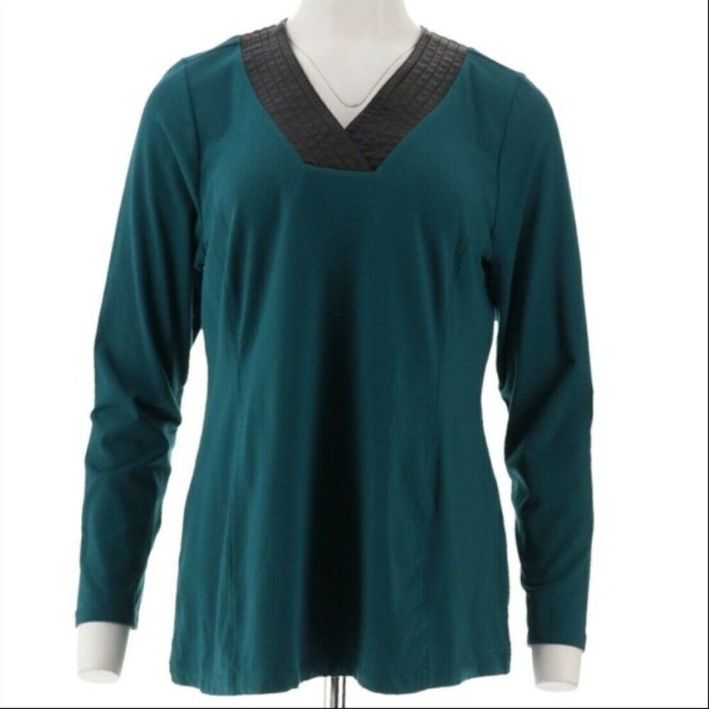 New Belle by Kim Gravel Tunic with Faux Leather Trim in Deep Teal | Size L